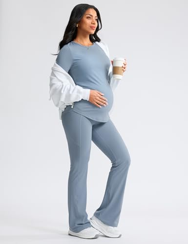 Mama Land Buttery Soft Maternity Flare Leggings - color: Denim Blue, size: Medium