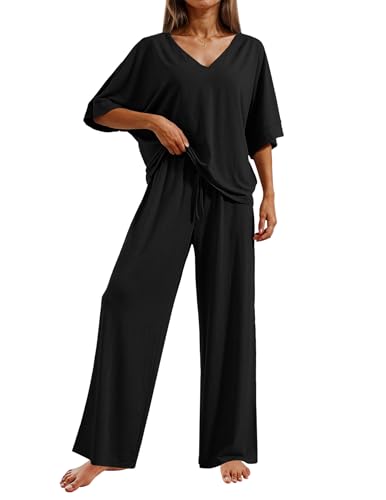 Ekouaer Pajama Sets Womens 2 Piece Short Sleeve Long Pants Pjs Lounge Set - color: Black, size: Large