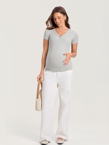 MOMANDA Cotton Ribbed Henley Maternity Tshirts - color: Classic Heather, size: Small