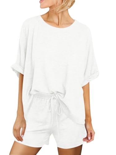 Tankaneo Womens 2 Piece Shorts Sets Oversized Short Sleeve Pajamas Sets - color: White, size: Medium