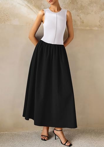 PRETTYGARDEN Pleated Maxi Dresses for Women with Pockets - color: Black White, size: XX-Large