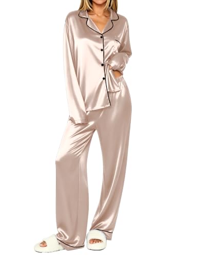 Ekouaer Womens Pajamas Silk Satin Long Sleeve Button Down Pjs Lounge Set - color: Champagne, size: Small