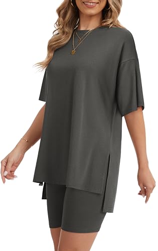 RUBZOOF Women 2 Piece Lounge Sets Summer Outfits Shorts Set - color: Deep Grey, size: Medium