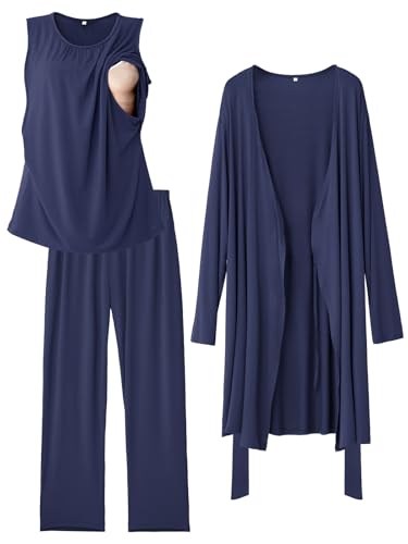 Rnxrbb 3 PCS Nursing Pajamas Robe Set Maternity Postpartum Pjs for Hospital - color: Navy, size: Medium
