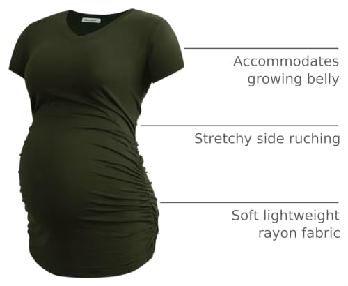 Smallshow Women's V Neck Maternity Clothes Tops Side Ruched Pregnancy T Shirt - color: Army Green-black-grey(3 Pack), size: Medium
