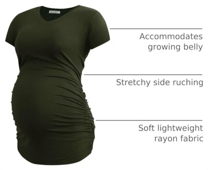 Smallshow Women's V Neck Maternity Clothes Tops Side Ruched Pregnancy T Shirt - color: Army Green-black-grey(3 Pack), size: Medium