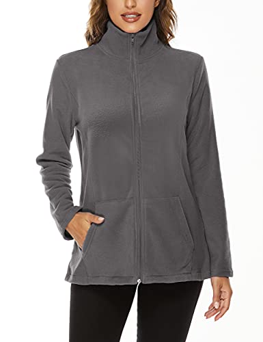 Hibelle Women's Outdoor Full-Zip Thermal Fleece Jacket with Pockets - color: 203-grey, size: Large