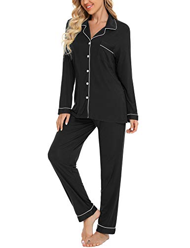 Anjue Pajamas For Women Set Long Sleeve Button Up Sleepwear Soft Pjs - color: Black, size: Medium
