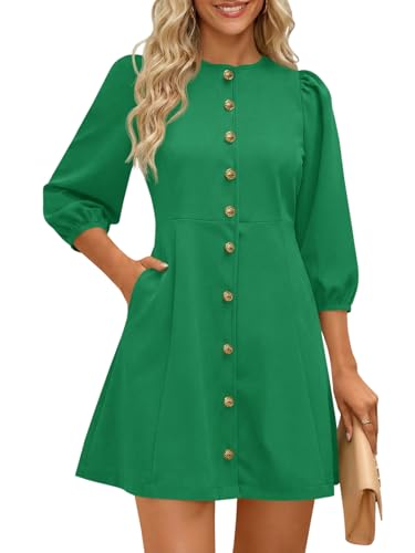Wenrine Womens Work Mini Dress 3/4 Sleeve Button Down Business Dresses - color: Green, size: Medium