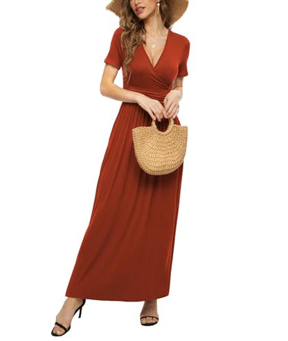 LILBETTER Women's Summer Short Sleeves Dress Wrap Waist Maxi Dresses with Pockets - color: Caramel, size: Medium