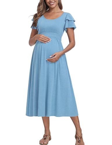 Ruffle Short Sleeve Maternity Dress High Waisted Midi Baby Shower Dresses - color: Light Blue, size: Large