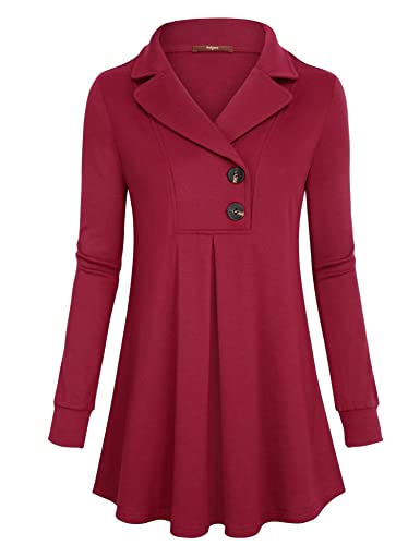 Gaharu Women's Swing Tunic Notch Collar Ladies Button Sweatshirt Long Sleeve Pullover Shirt Tops - color: Berry Red, size: X-Large