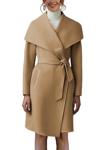 Cicy Bell Women's Pea Trench Coat Lapel Collar Long Jacket Open Front Belted Overcoat with Pockets - color: Khaki, size: Medium