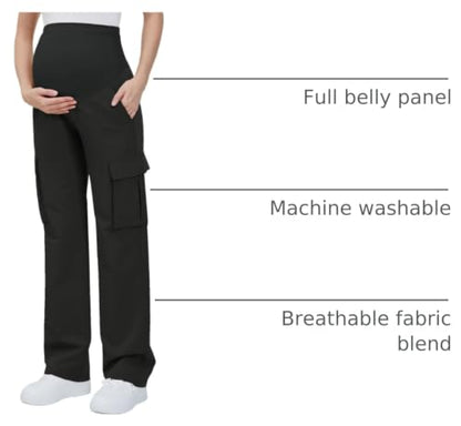 GLAMIX Women's Maternity Cargo Pants with Four Pockets Over The Belly Scrub Pants Pregnancy Clothes - color: Black, size: Large