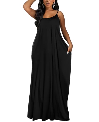 OFEEFAN Women's Maxi Dresses Summer Spaghetti Strap Dress with Pockets - color: Aablack, size: 3X-Large