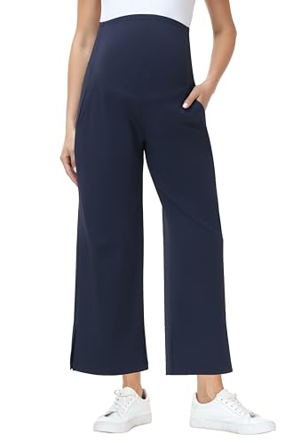 Foucome Women's Maternity Capris Wide Leg Cropped Pants - color: Navy Blue, size: X-Large