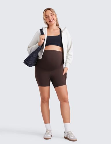 CRZ YOGA Maternity Biker Shorts Pockets 5" - color: Hot Fudge Brown, size: Medium