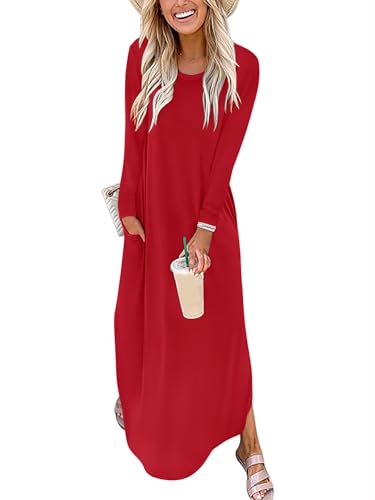 ANRABESS Women's Long Sleeve Fall Maxi T-Shirt Dress with Pockets - color: Bright Red, size: Medium
