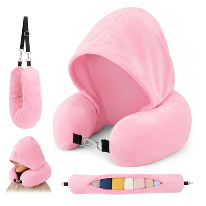 Stuffable Travel Neck Pillow with Hood, Soft Velvet Fabric,Pink - size: Type E