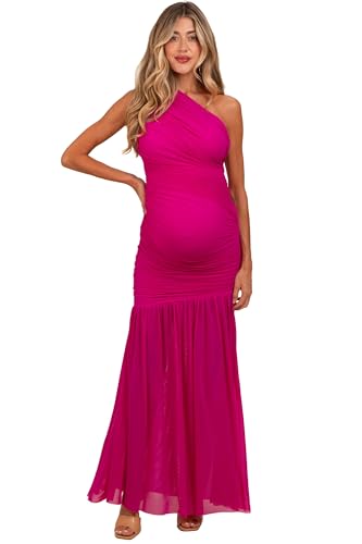 PinkBlush Ruched Mesh One Shoulder Maternity Maxi Dress - color: Magenta, size: Small