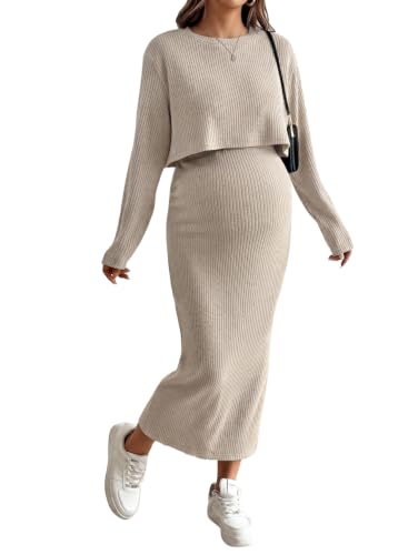 BLENCOT Maternity 2 Piece Outfits Ribbed Knit Crop Top Midi Skirt Set - color: Apricot, size: Medium