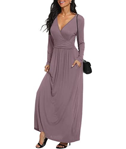 LILBETTER Women Long Sleeve Deep V Neck Loose Plain Long Maxi Casual Dress - color: Mauve, size: Large