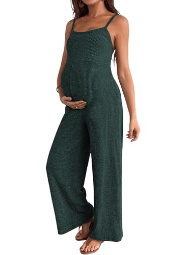 BLENCOT Maternity Ribbed Jumpsuit Stretchy One Piece Wide Leg Romper - color: Dark Green, size: Medium