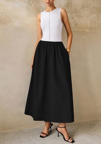 PRETTYGARDEN Pleated Maxi Dresses for Women with Pockets - color: Black White, size: XX-Large