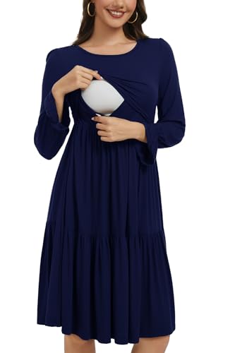 Smallshow Women's Ruffle Maternity Nursing Dress Long Sleeve - color: Navy, size: Medium