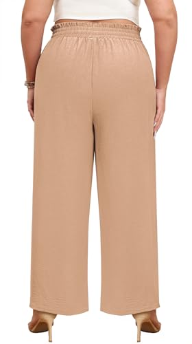 Lastshe Women's Plus Size Wide Leg Pants Elastic High Waist Hide Drawstring Loose Work Pants Palazzo Trousers with Pockets - color: Khaki, size: 1X