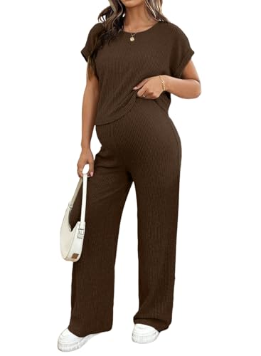 BLENCOT Maternity Sets Summer Ribbed Knit Pajamas Outfits - color: Coffee, size: X-Large