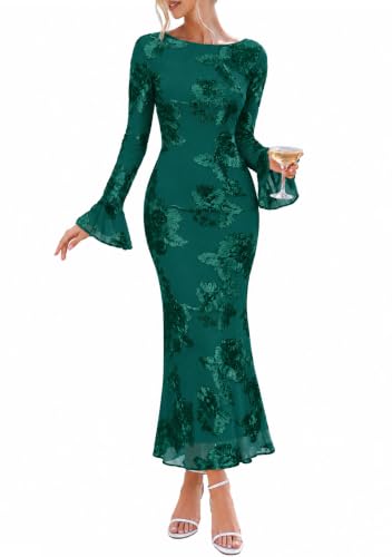 MEROKEETY Women's Floral Wedding Guest Cocktail Maxi Dress - color: Green, size: Small