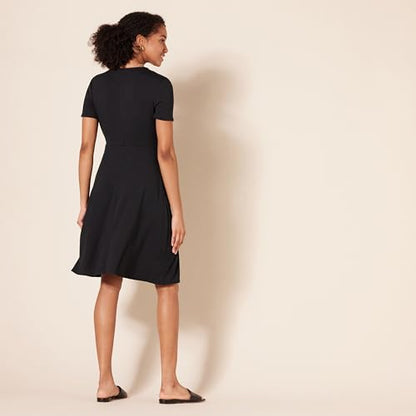 Amazon Essentials Women's Short Sleeve V Neck Faux-Wrap Dress, Fitted - color: Black, size: Medium