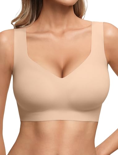 Jelly Bras for Women No Underwire Seamless Pullover Bras Wireless T Shirt Bralettes Wide Straps Sleep Everyday Bra - color: Nude, size: Medium