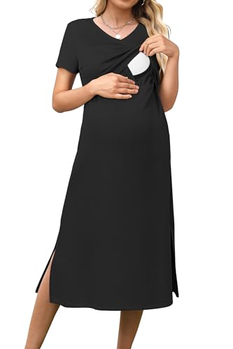 OUGES Womens 2026 Summer Short Sleeve Maternity Nursing Dress V Neck Breastfeeding Split Long Dress Pregnancy Clothes - color: Black, size: Small