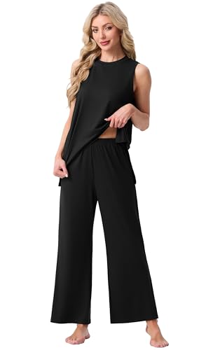PrinStory Womens Pajamas Sets Sleeveless Pjs Set S-4XL - color: Black, size: Small