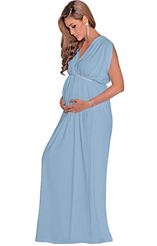 KOH KOH Womens Long Short Sleeve V-Neck Maternity Summer Flowy Maxi Dress - color: Sky Light Blue, size: Medium