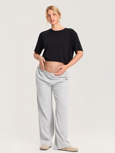 MOMANDA Cotton Modal Cropped Maternity Tops - color: Black, size: Large