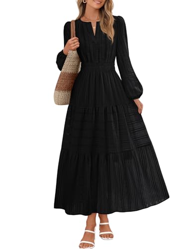 MEROKEETY Womens Fall Puff Long Sleeve Casual V Neck Modest Midi Maxi Dress - color: Black, size: X-Large