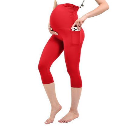 Ipletix Maternity Capris Leggings with Pockets Pregnancy Yoga Pants - color: Red, size: Medium