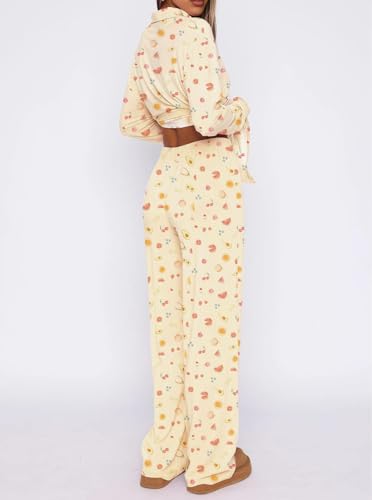Dressmine Ladies Long Sleeve Cute Pajama Sets 2 Piece Fall Outfits - color: Yellow Fruit, size: Medium