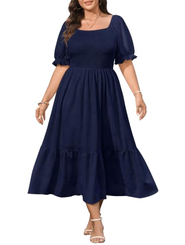 CICIDUDU Plus Size Casual Summer Milkmaid Maxi Dresses for Curvy Women - color: Navy Blue, size: XX-Large Plus