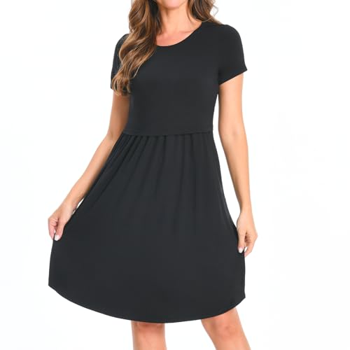 Bearsland Women's Short Sleeves Maternity Dress Nursing Breastfeeding Dresses with Pockets - color: Black, size: Medium