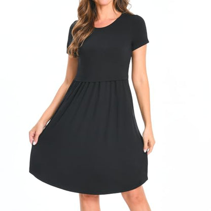 Bearsland Women's Short Sleeves Maternity Dress Nursing Breastfeeding Dresses with Pockets - color: Black, size: Medium