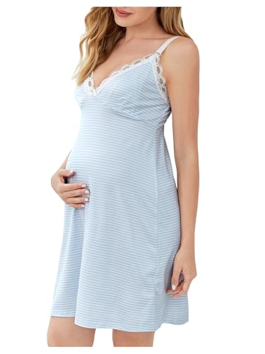 OYOANGLE Women's Striped Maternity Nursing Nightgowns Lace V Neck Pajama - size: Small