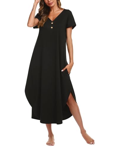 Ekouaer Long Nightgowns For Women Short Sleeve Midi Nightgown With Pockets - color: Black, size: Small