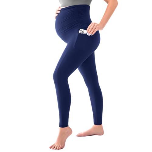 SINOPHANT Maternity Leggings with Pockets Over Belly Yoga Pants - color: Navy Blue, size: XX-Large