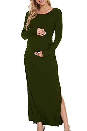Smallshow Women's Ruched Long Sleeve Split Maternity Dress - color: Army Green, size: Large