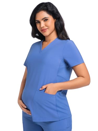 COZYFIT Maternity Scrub Top, V-Neck Pregnancy Shirt with 2 Pockets - color: Ceil Blue, size: Medium