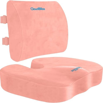 CloudBliss Ergonomic Seat Cushion & Lumbar Support Pillow Set, Pink, XL - color: Pink, size: X-Large